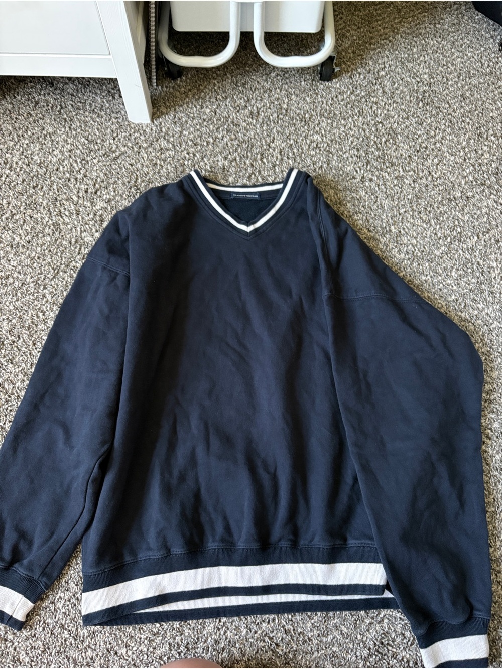 Brandy Melville Navy V-Neck Crew Sweater with White Trim